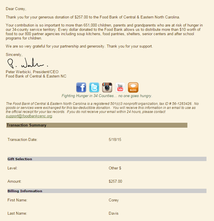 Confirmation of my donation to the Food Bank.