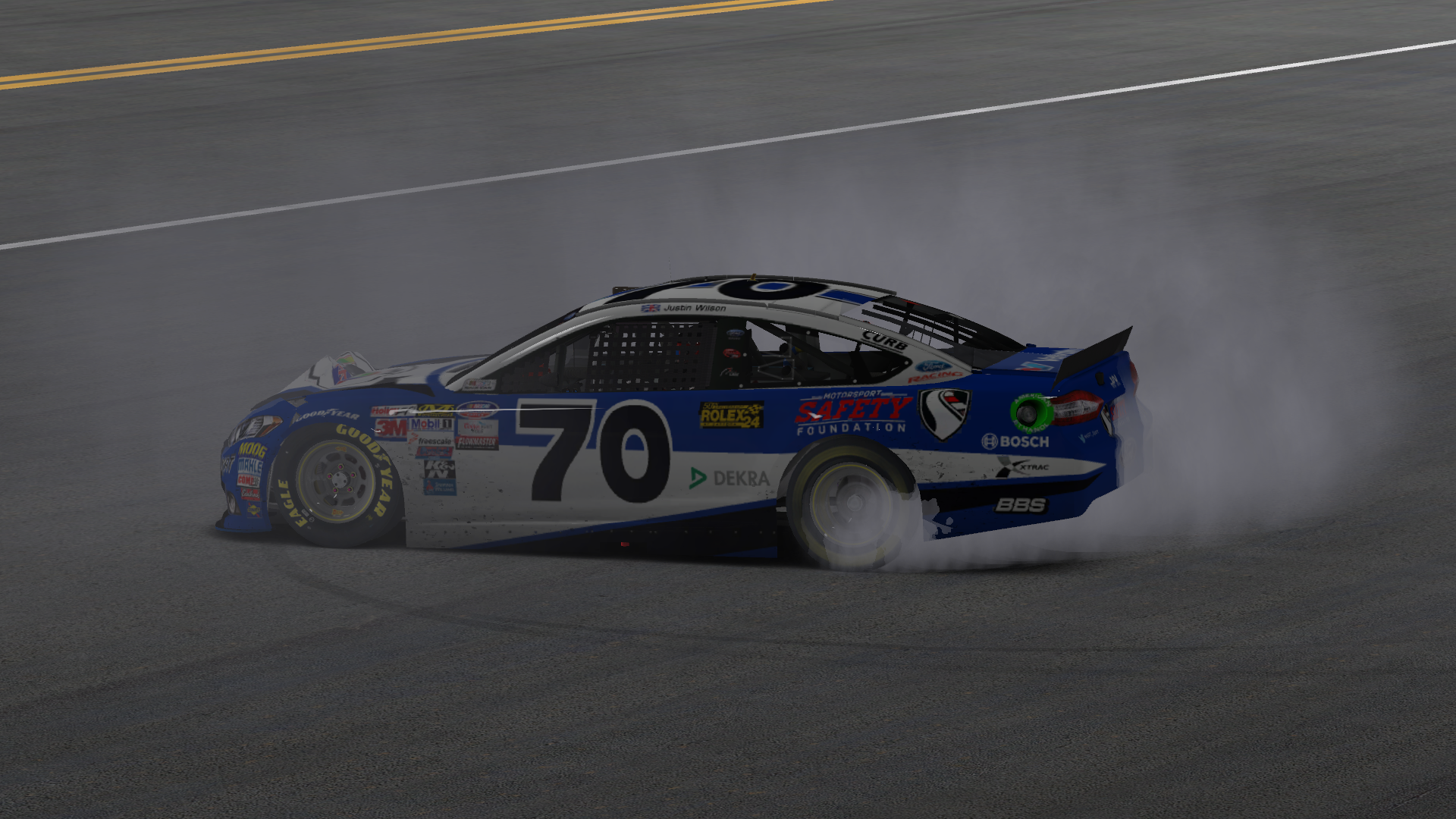 Damaged but still victorious at Daytona driving a tribute paint scheme to Justin Wilson.